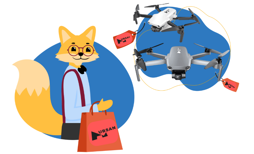 Der Smart-Home-Fox steht mit einer Einkaufstüte von Hubsan da und präsentiert Hubsan Drohnen.